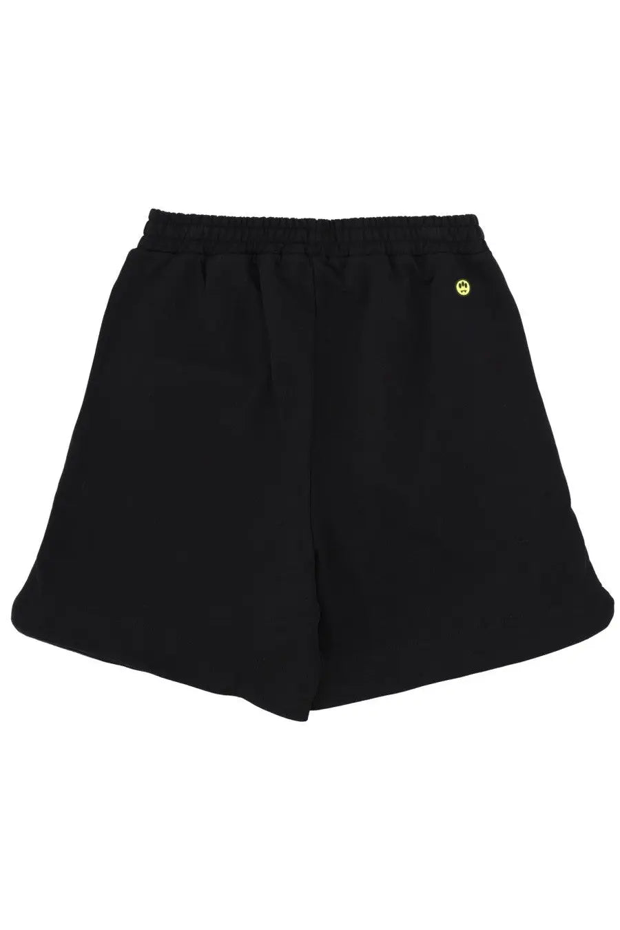 Barrow unisex Bermuda iconic black elastic waist shorts with a yellow smiley face logo on the upper right leg