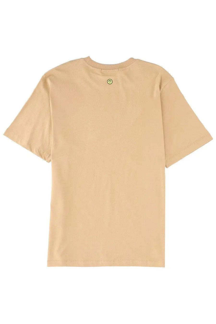 Beige short-sleeved barrow unisex iconic shirt with a small green smiley face logo at the neckline