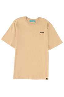 Beige barrow unisex iconic short-sleeved t-shirt with subtle embroidered logo and teal brand tag at the neckline