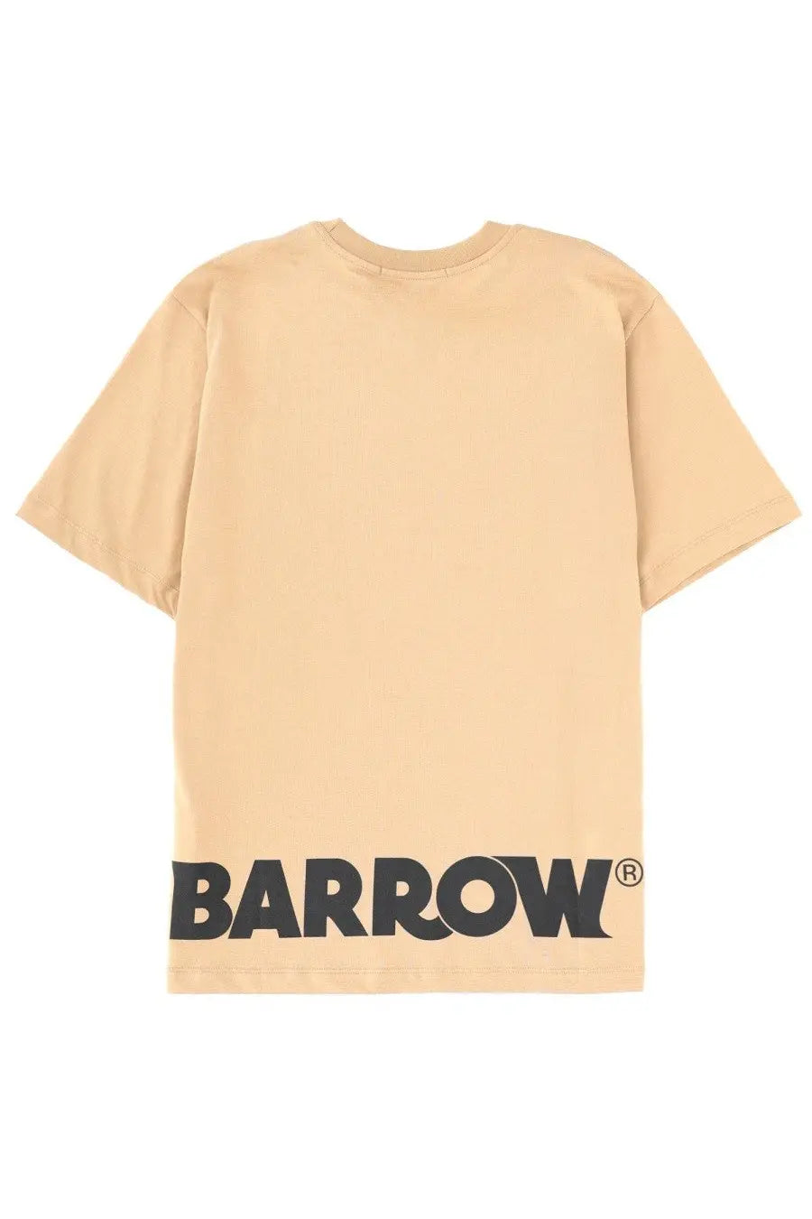 Beige short-sleeved barrow unisex iconic shirt with bold black barrow logo printed across the bottom hem