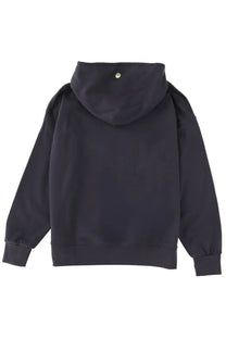 Back view of black barrow unisex iconic sweatshirt with small yellow logo on hood made from soft cotton blend