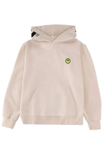 Beige barrow unisex iconic sweatshirt with neon yellow smiley face patch and black and white striped hood trim