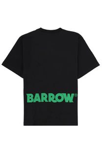 Black short-sleeved cotton barrow unisex shirt showing bold green barrow lettering on the lower back side
