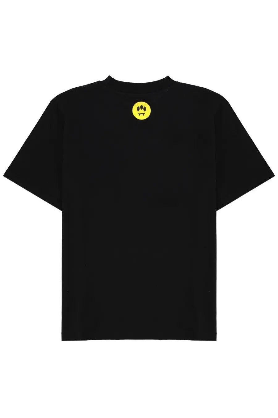 Black short-sleeved barrow unisex shirt con black with small yellow smiley face logo featuring three black dots and fangs on back