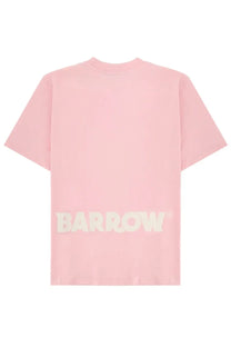 Soft pink barrow unisex short-sleeved t-shirt with bold white logo on the lower back shown from the back side