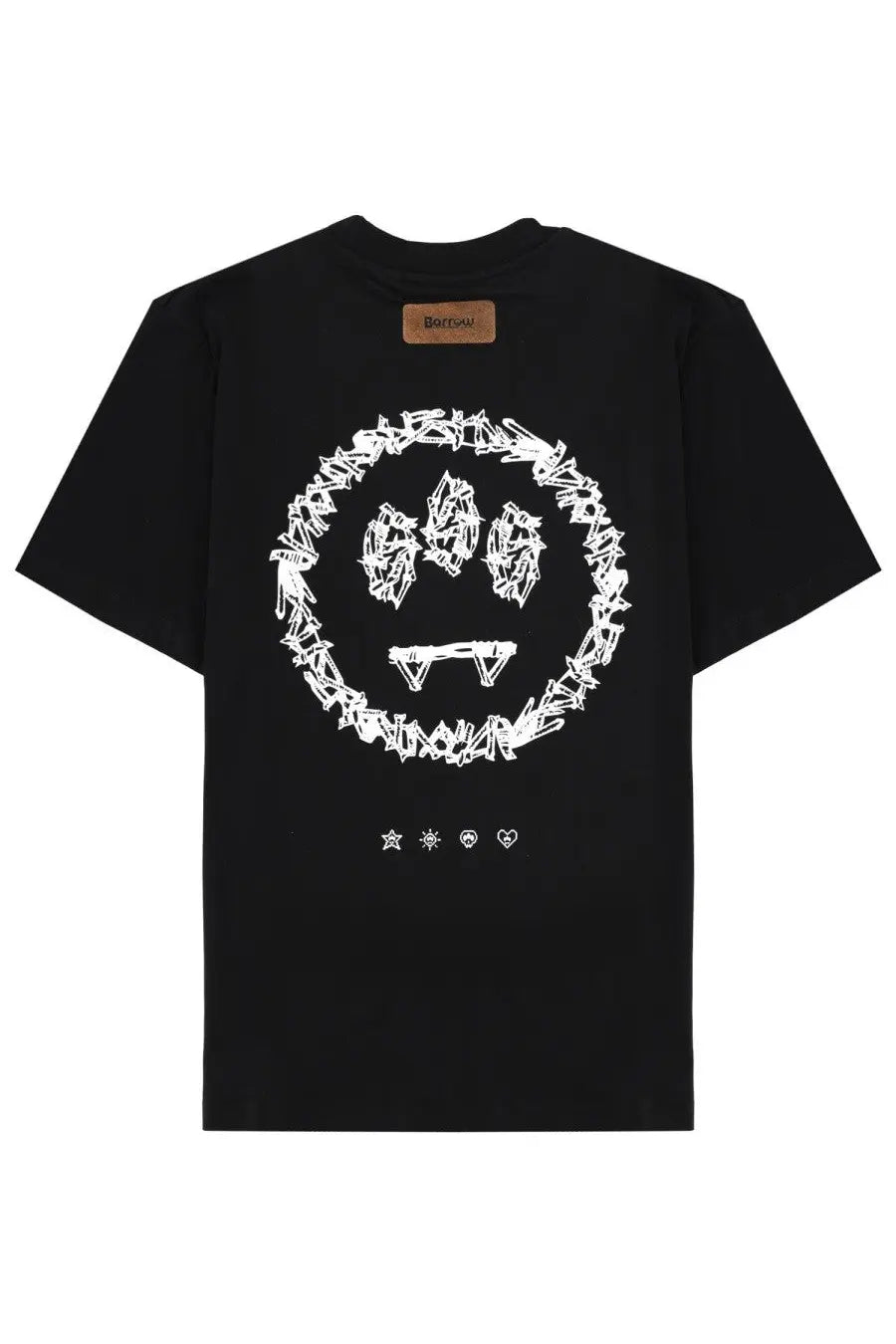 Black short-sleeved barrow unisex shirt featuring a white smiling face graphic made from skulls and bones with icons below