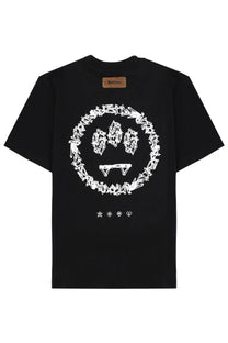 Black short-sleeved barrow unisex shirt featuring a white smiling face graphic made from skulls and bones with icons below