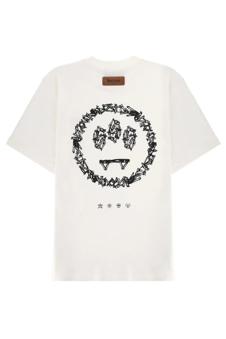 Off-white oversized unisex t-shirt with black barbed wire smiley face graphic and small icons below in white color