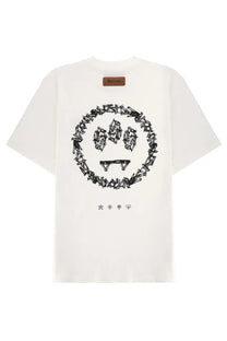 Off-white oversized unisex t-shirt with black barbed wire smiley face graphic and small icons below in white color