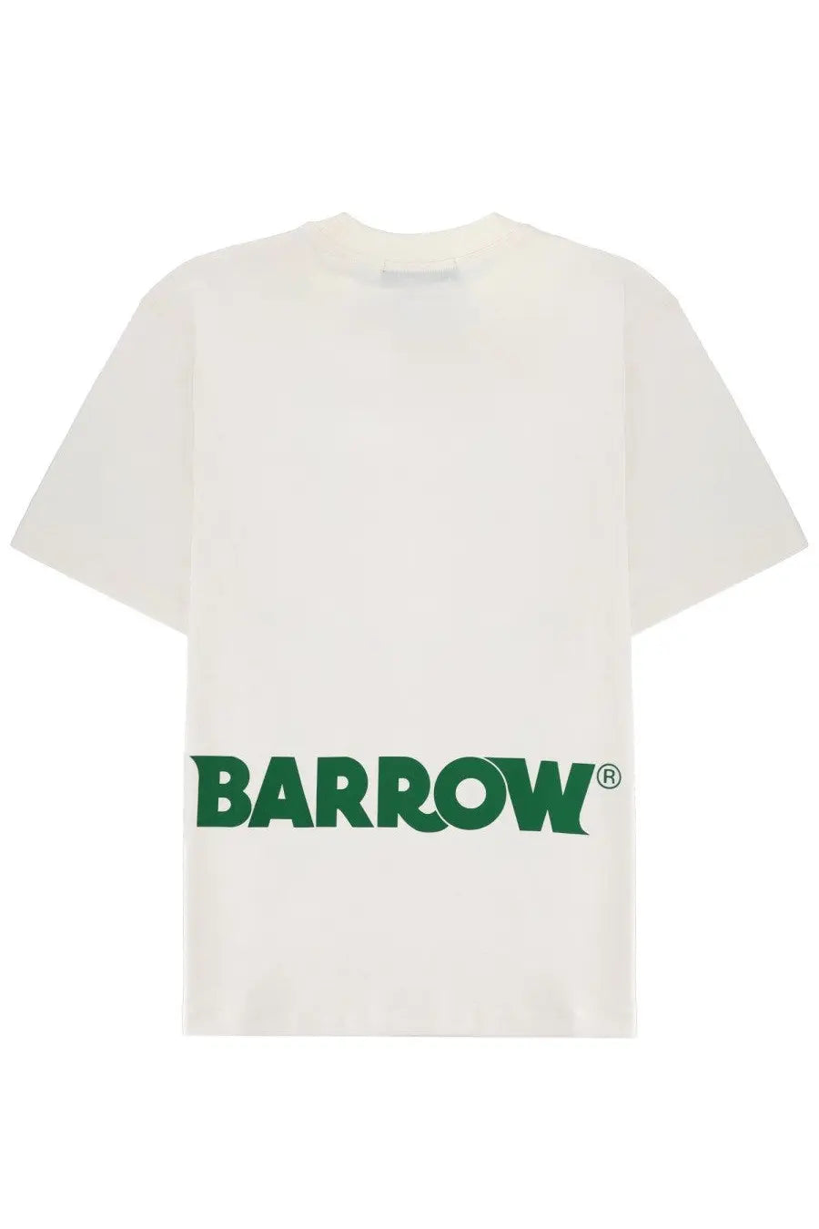 White short-sleeved Barrow unisex shirt with bold green barrow logo across the lower front