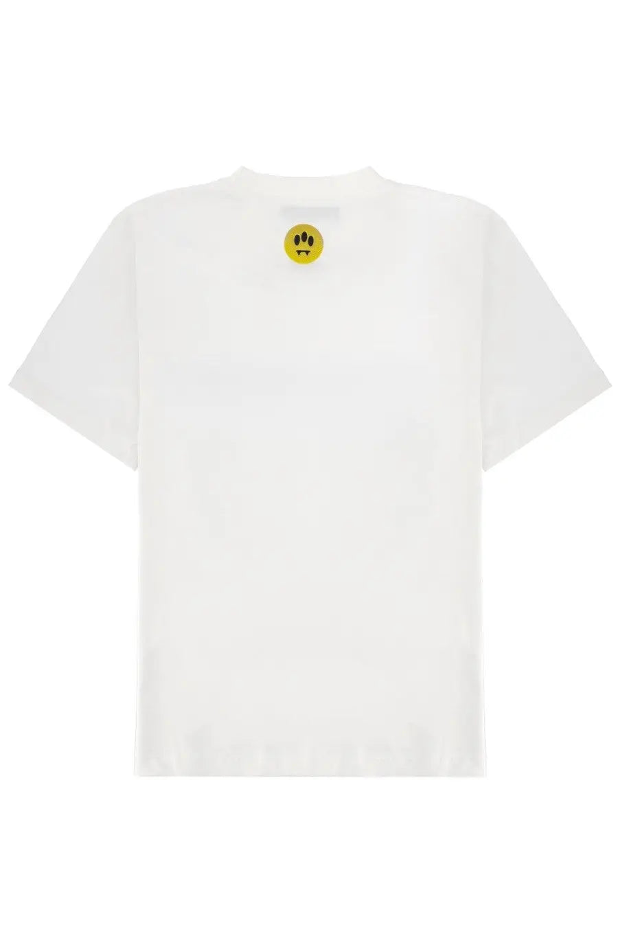 White short-sleeved cotton barrow unisex shirt con with a small yellow circular graphic near the neckline