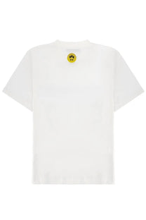 White short-sleeved cotton barrow unisex shirt con with a small yellow circular graphic near the neckline