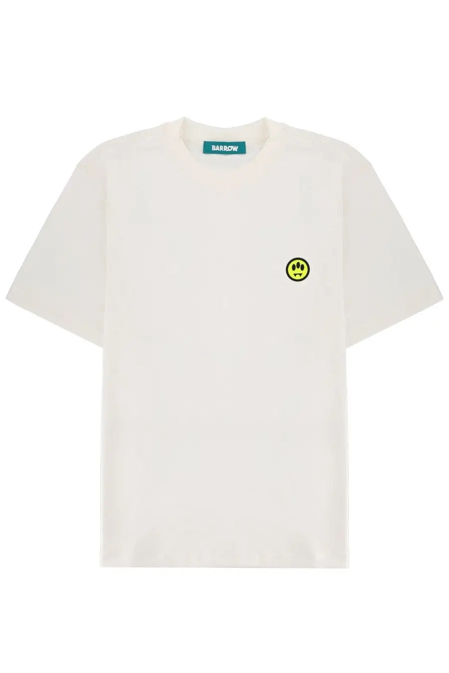 Off-white short-sleeved Barrow unisex shirt with small yellow smiley face patch and green brand tag at neckline