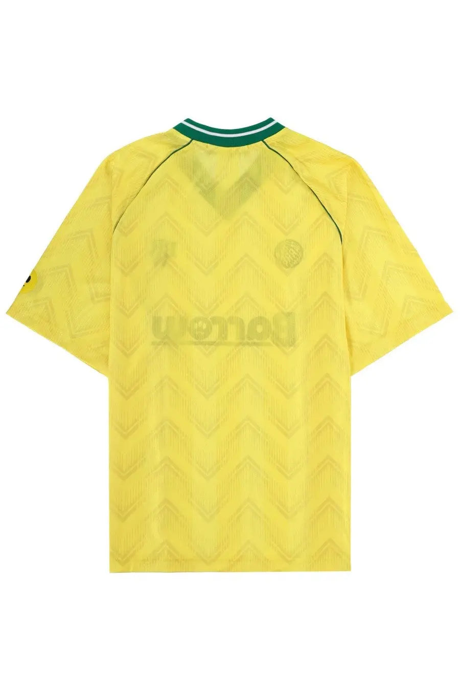 Barrow unisex yellow football jersey with subtle chevron pattern and green and white collar trim