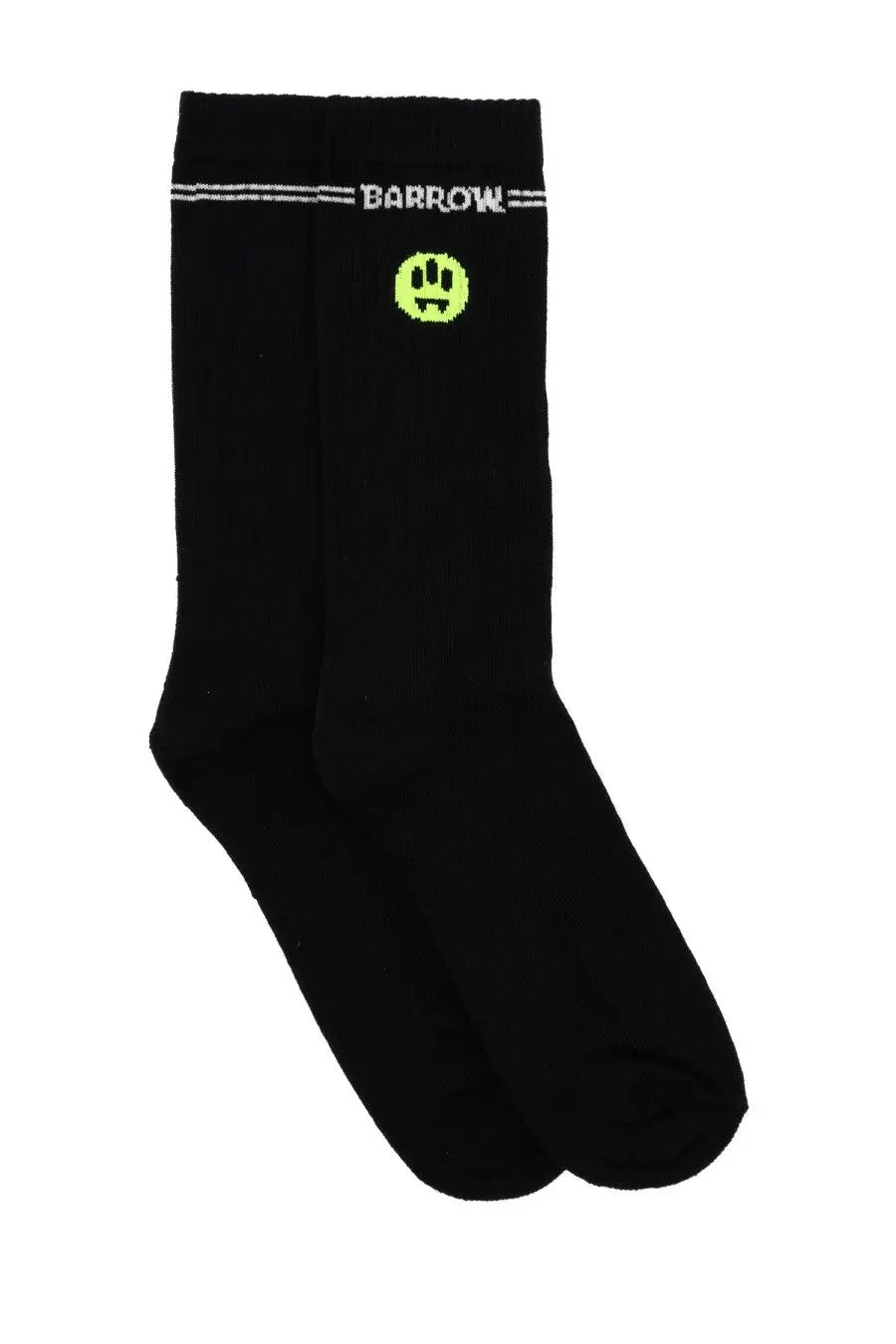 Black Barrow unisex crew socks with neon green pixelated smiley face and white lettering on the front side