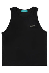 Black Barrow unisex tank top featuring a sleeveless design with a white embroidered logo and teal brand tag at neckline