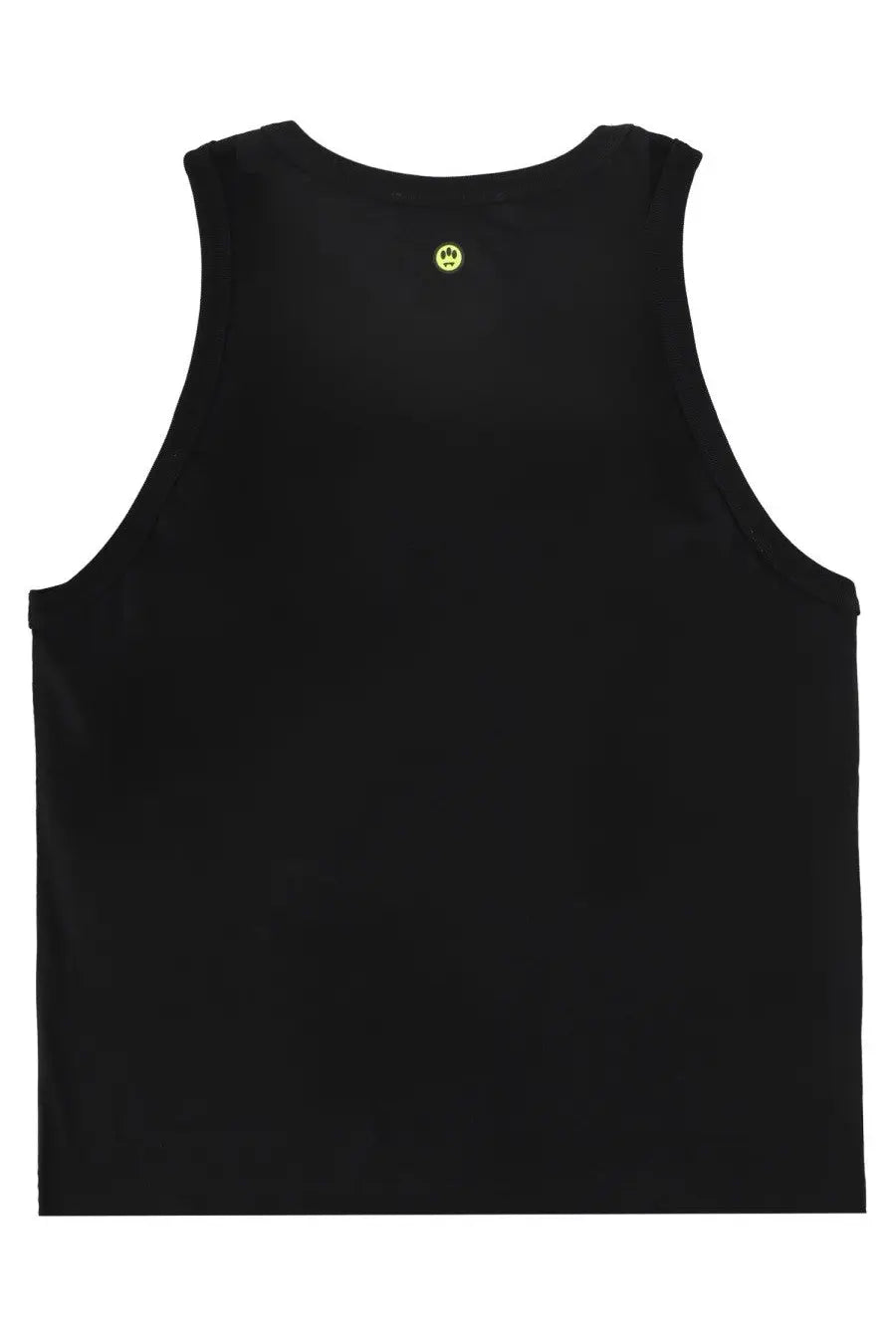 Black sleeveless Barrow unisex tank top with a small yellow smiley face logo on the center back side