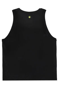 Black sleeveless Barrow unisex tank top with a small yellow smiley face logo on the center back side