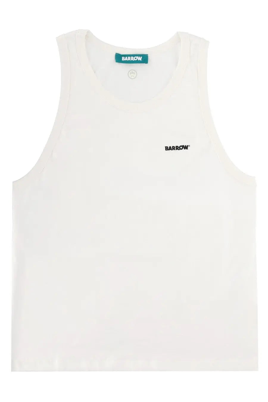 Barrow unisex white sleeveless tank top with black barrow embroidery and teal brand tag at the neckline