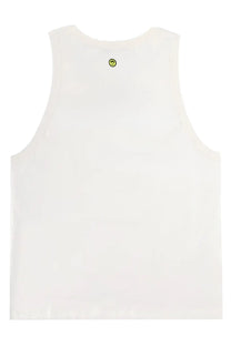 Barrow unisex white sleeveless tank top with small yellow smiley face logo at the neckline