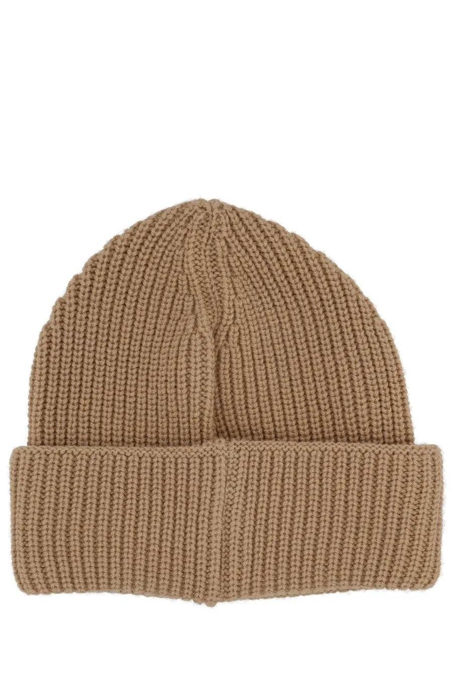 A tan ribbed knit beanie with folded cuff made from wool in beige by barrow unisex wool cap