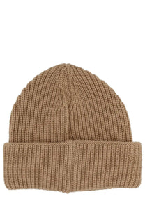 A tan ribbed knit beanie with folded cuff made from wool in beige by barrow unisex wool cap