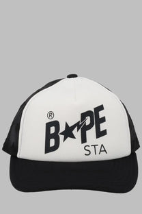 A bathings ape men’s black and white bape sta baseball trucker hat with bold logo on front panel