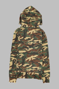 A bathing ape men’s felpa glitch woodland green hooded sweatshirt with green brown and beige camouflage pattern