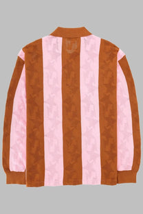 A bathing ape men’s long-sleeved knit polo shirt with brown and light pink stripes and subtle star jacquard pattern