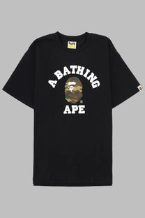 A bathing ape men’s black t-shirt with a camouflage ape head graphic and white arched lettering front print