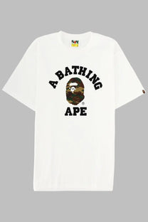 A bathing ape men’s white t-shirt with a camouflage ape head graphic and black arched lettering