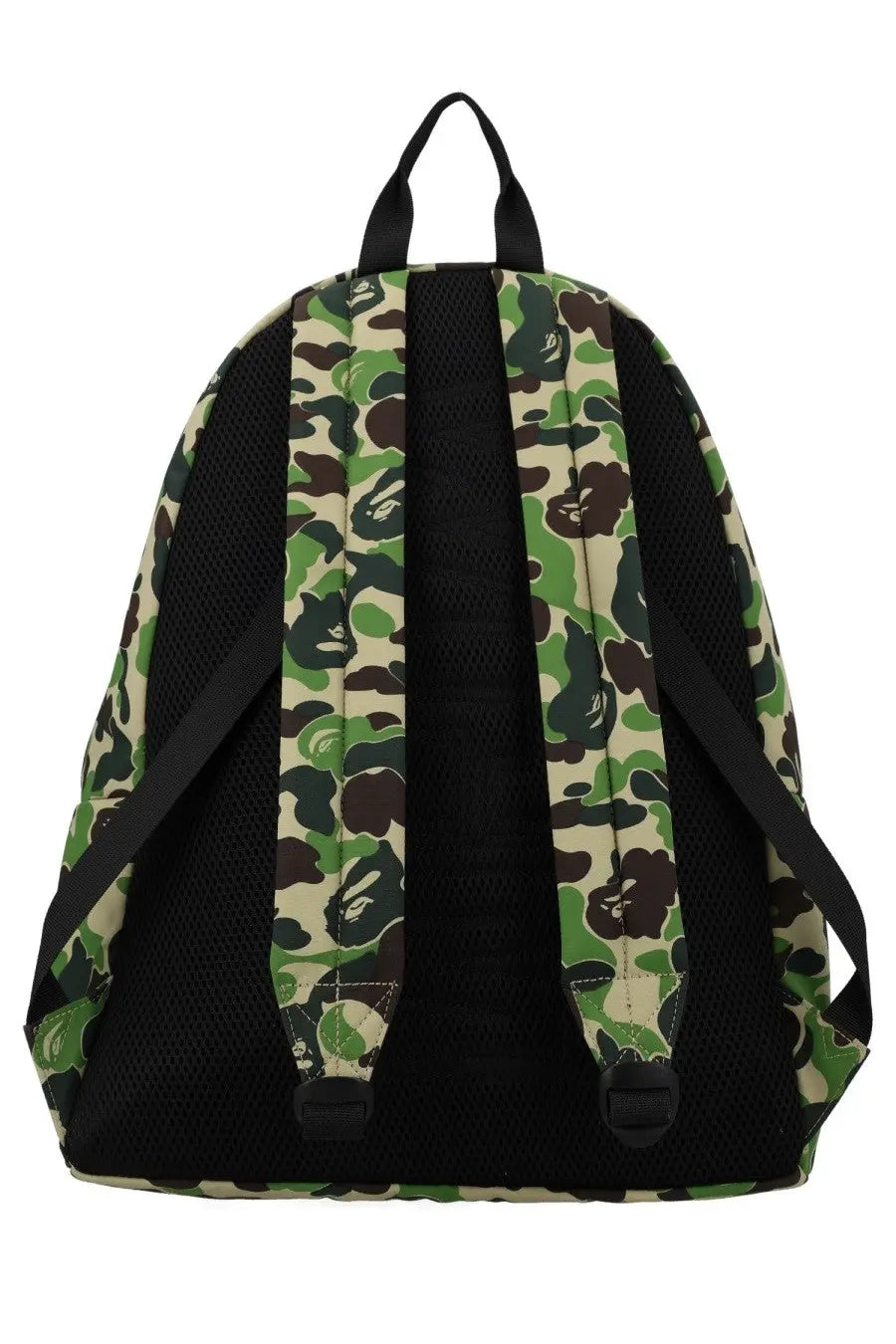 A bathing ape men’s zaino con stampa shark green backpack with green and brown camouflage pattern and black mesh straps