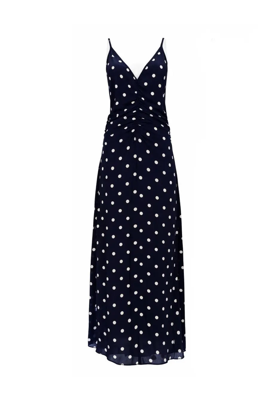 Baum und Pferdgarten women’s abito atalia blue navy blue spaghetti strap maxi dress with white polka dots and v neckline