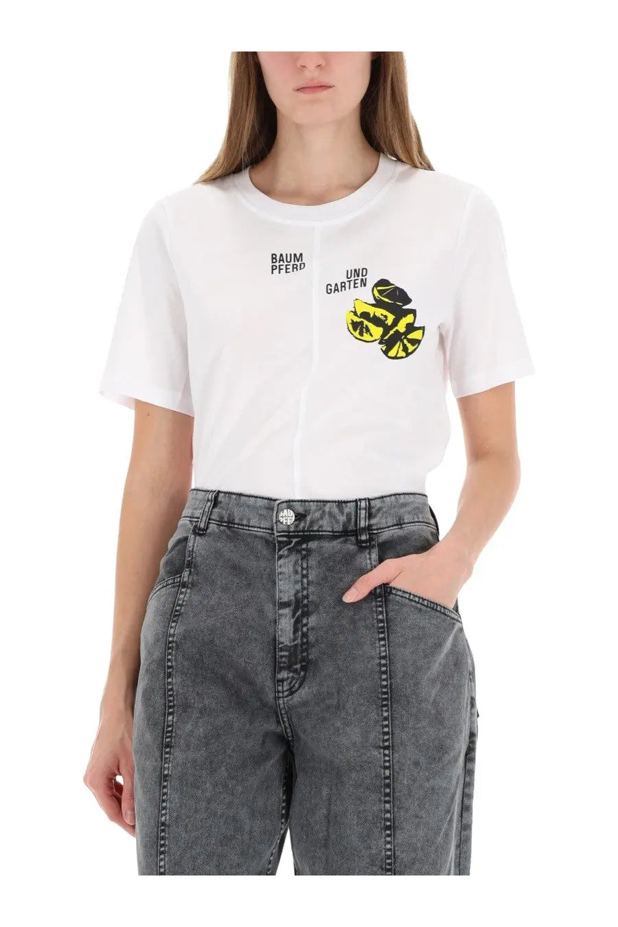Baum und pferdgarten women’s white asymmetrical jawos t-shirt with bold yellow black sliced lemon graphic and und garten text