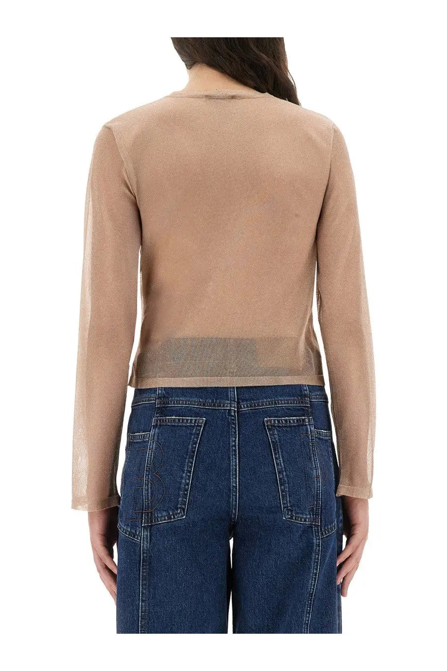 Beige sheer long-sleeved knit cardigan with subtle textured pattern and cropped hem from Baum und Pferdgarten