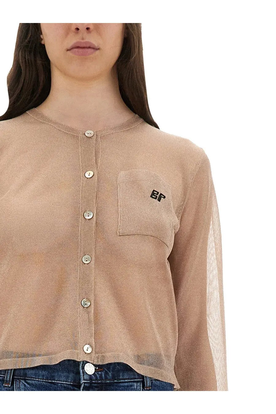 Baum und Pferdgarten women’s beige sheer long-sleeved cardigan with front buttons and embroidered bf chest pocket