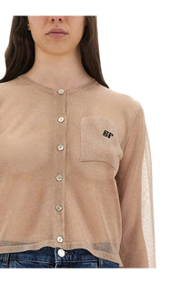 Baum und Pferdgarten women’s beige sheer long-sleeved cardigan with front buttons and embroidered bf chest pocket
