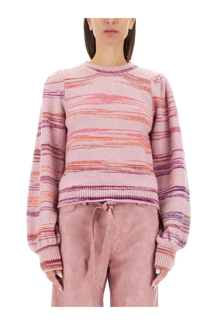 Baum und Pferdgarten women’s carmy jersey soft pink and orange striped knit sweater with round neckline and ribbed cuffs