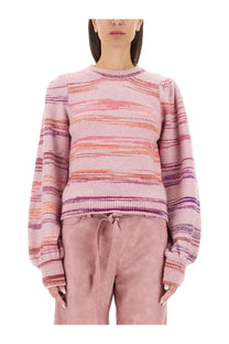 Baum und Pferdgarten women’s carmy jersey soft pink and orange striped knit sweater with round neckline and ribbed cuffs