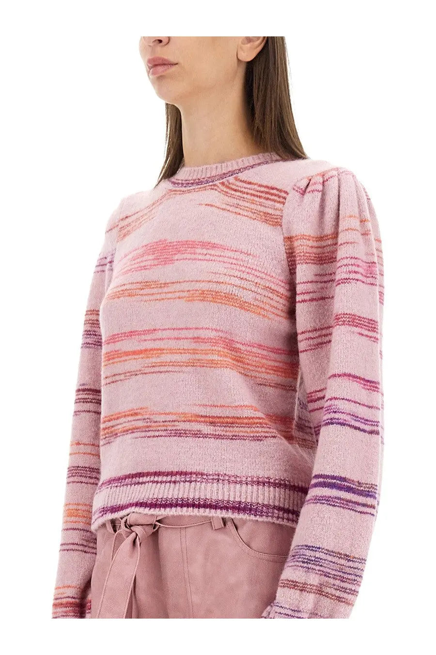 Baum und Pferdgarten women’s carmy jersey blue soft pink and orange striped knit sweater with round neckline and puffed sleeves