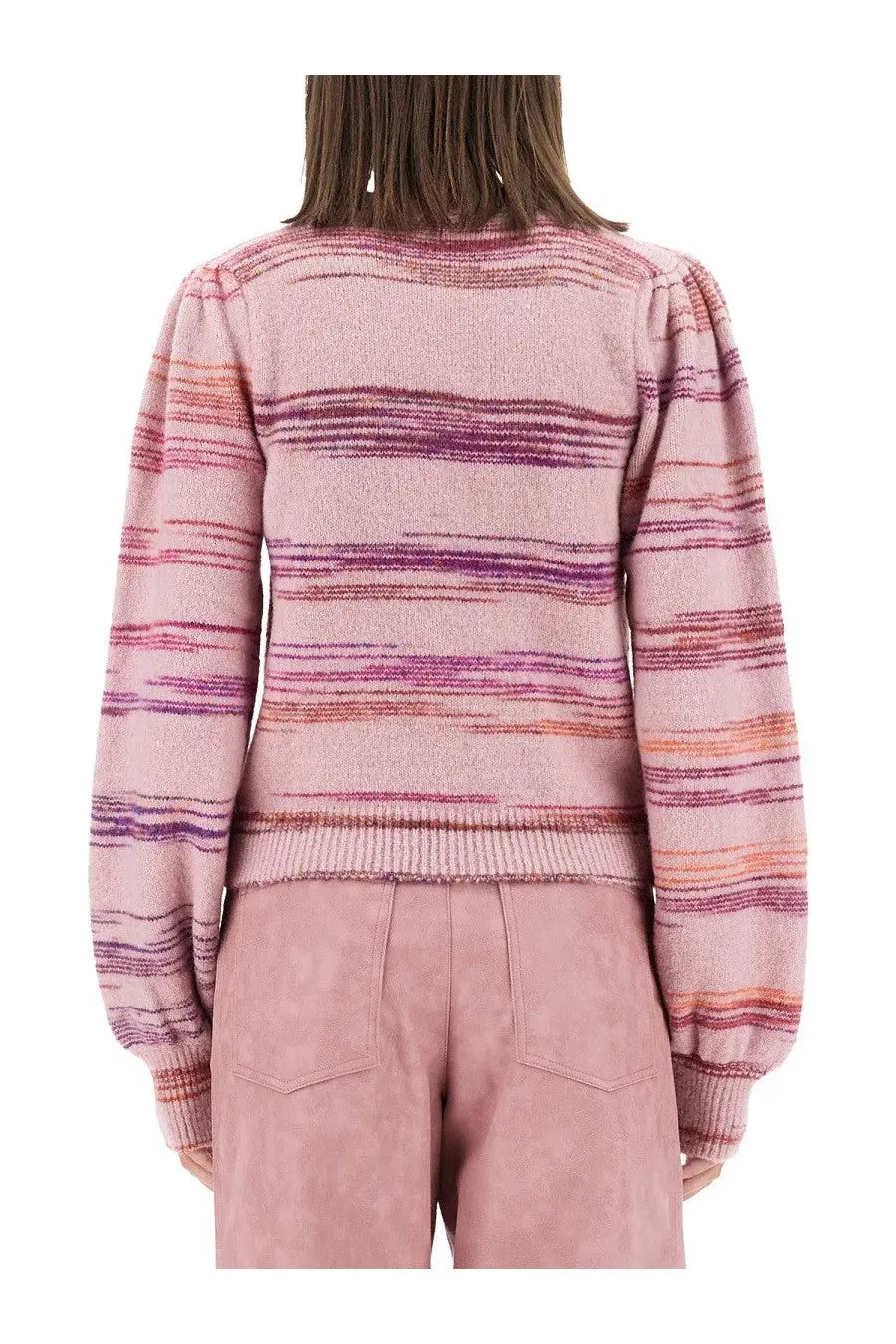 Baum und Pferdgarten women’s carmy jersey sweater in soft pink and purple stripes with textured fuzzy knit fabric