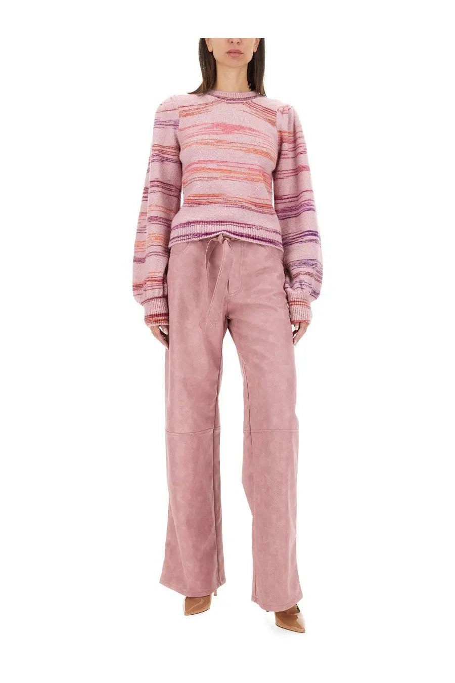 A soft pink wide-leg suede pant with a drawstring waist in baum und pferdgarten women’s carmy jersey blue product line