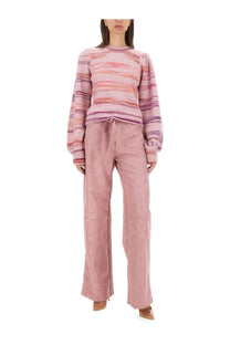 A soft pink wide-leg suede pant with a drawstring waist in baum und pferdgarten women’s carmy jersey blue product line