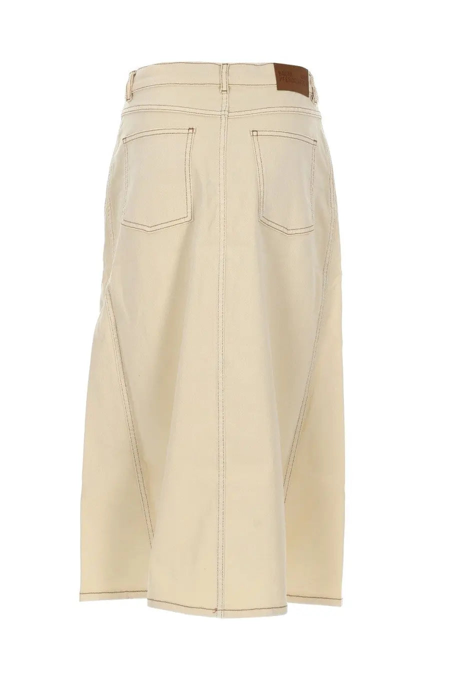 Beige denim midi skirt with two back pockets and brown leather brand patch at waistband shown from the back