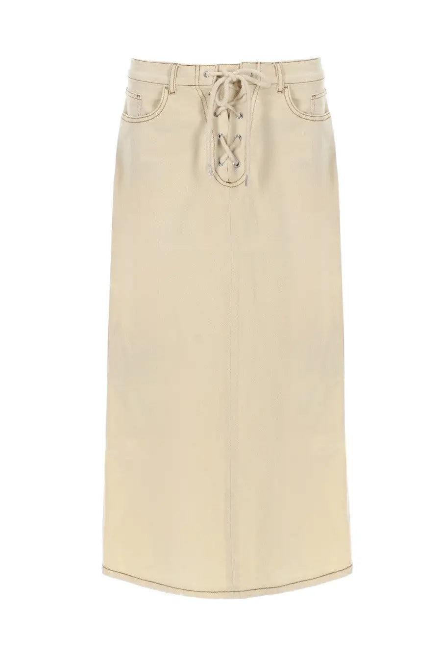Beige denim midi skirt with lace-up front detail by baum und pferdgarten women’s gonna shilan white
