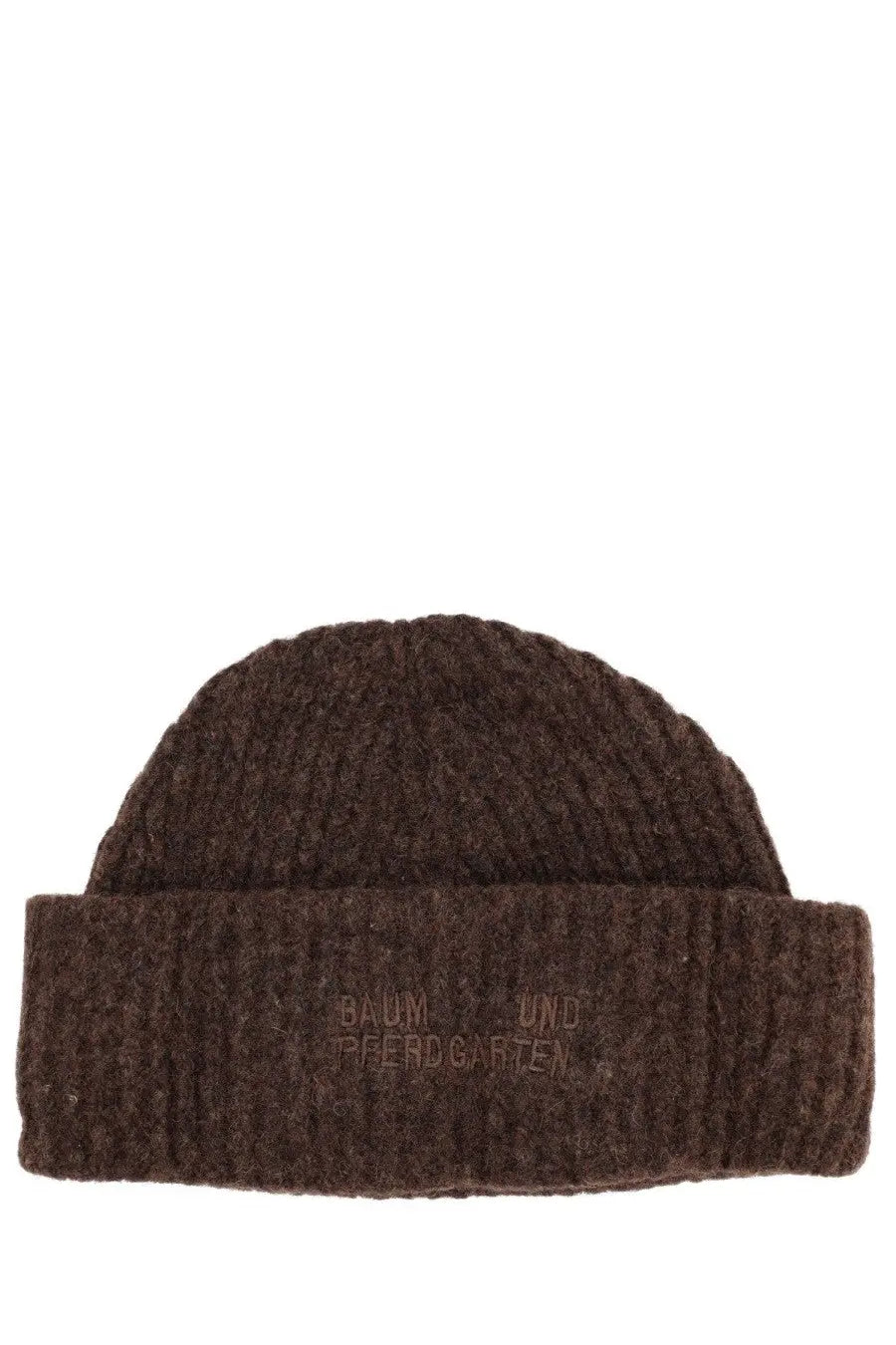 Baum und pferdgarten women’s hat leia brown is a brown knitted beanie with ribbed texture and folded brim with embroidered logo