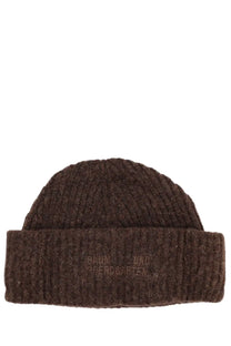 Baum und pferdgarten women’s hat leia brown is a brown knitted beanie with ribbed texture and folded brim with embroidered logo