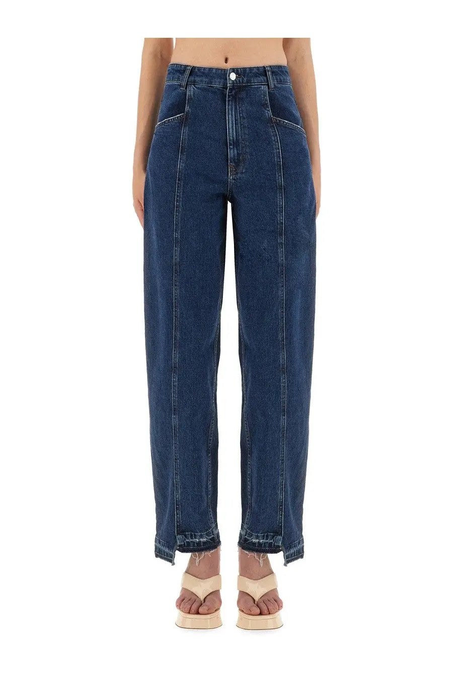 Dark blue high-waisted denim jeans with a straight-leg cut and frayed cuffs baum und pferdgarten women’s nanya blue