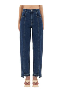 Dark blue high-waisted denim jeans with a straight-leg cut and frayed cuffs baum und pferdgarten women’s nanya blue
