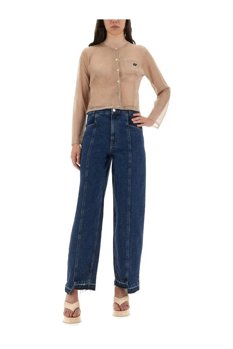 A pair of dark blue high-waisted wide-leg denim jeans with frayed hem and visible stitching from baum und pferdgarten